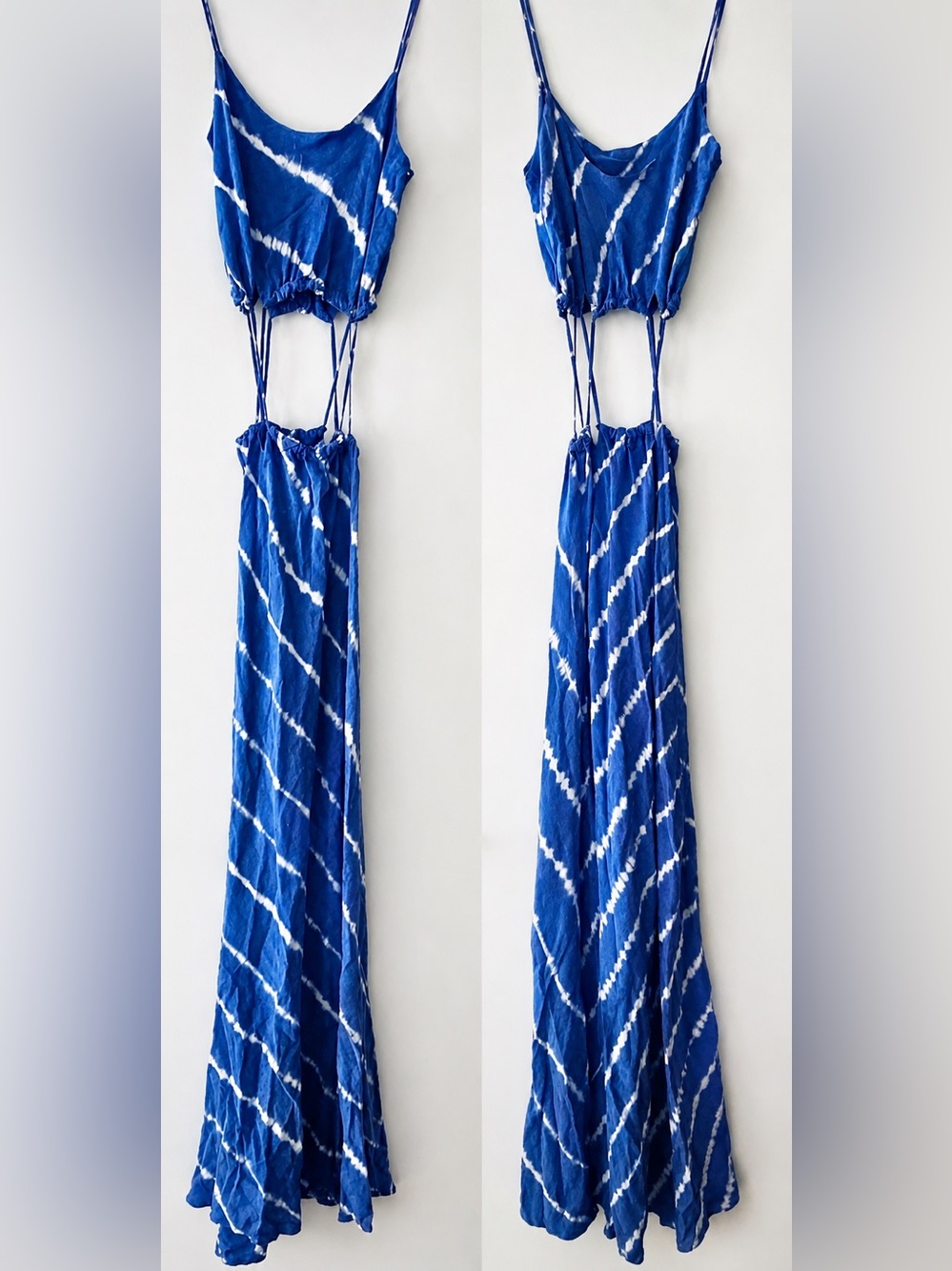ACACIA 100% Silk Blue Tie Dye Cutout Maxi Dress Size S